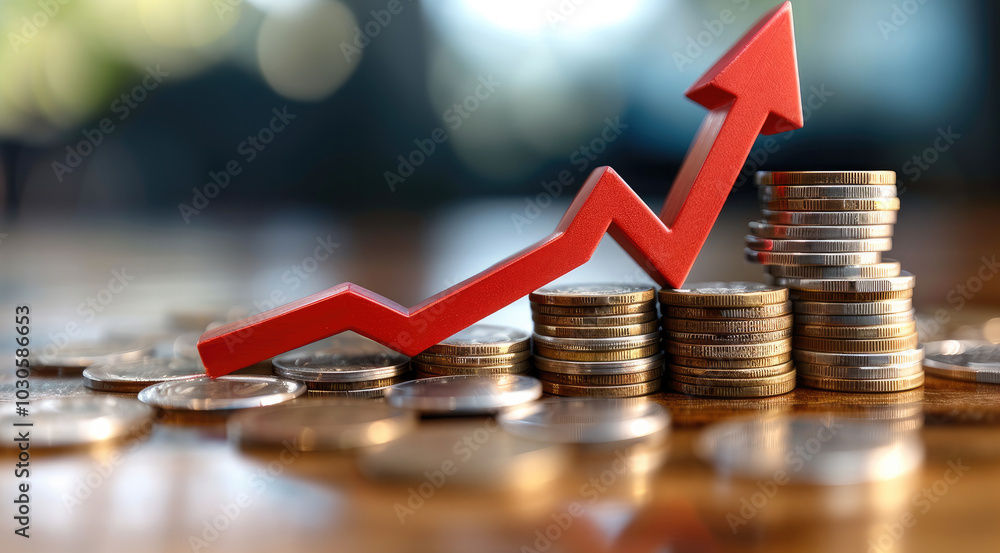 Poster Coin stack with a red downward arrow symbolizing financial uncertainty caused by falling interest rates.