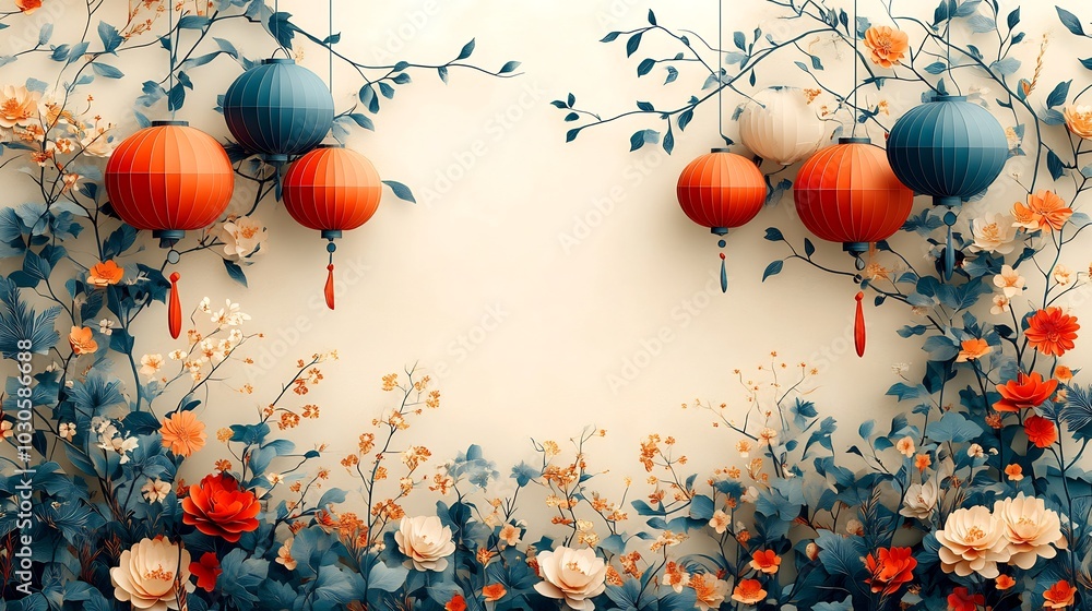Poster festive paper cut style illustration displaying multiple colorful lanterns geometric patterns framed