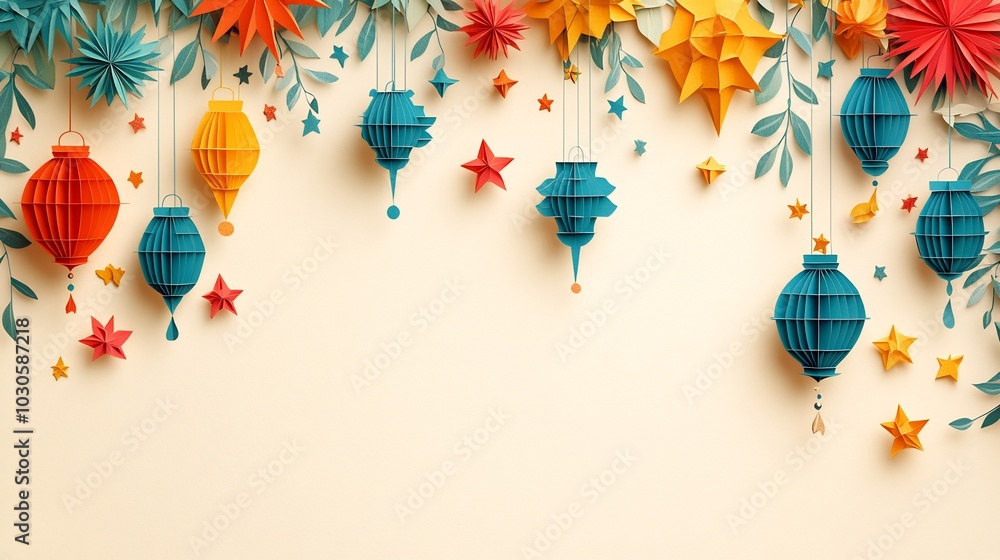 Poster festive paper cut style scene displaying a series of hanging lanterns and stars in vibrant colors ag