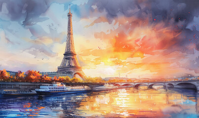 Watercolor The main attraction of Paris and all of Europe is the Eiffel tower in the rays of the setting sun on the bank of Seine river