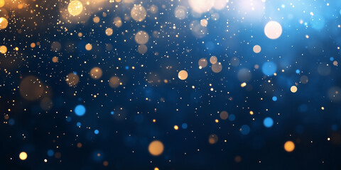 Abstract glittery banner with blue shining particles on back background, sparkling light.