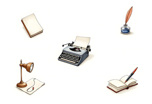 Typewriter Machine Line Art Write watercolor painting Abstract background.
