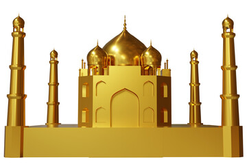 Golden 3D model of the Taj Mahal without background. Landmark of India. Rendering.