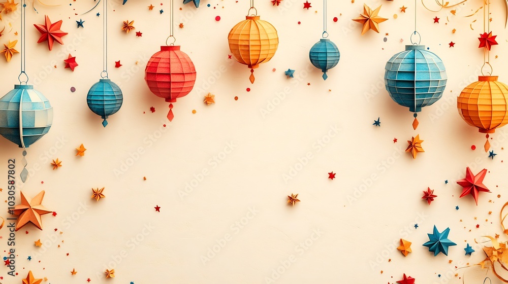 Poster festive paper cut style scene displaying a series of hanging lanterns and stars in vibrant colors ag