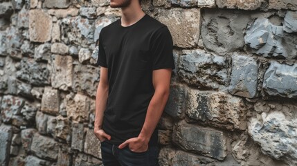 Man in Black T-Shirt Against Stone Wall