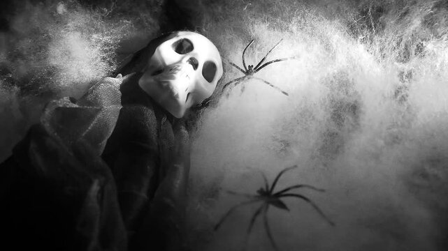 Haunting Halloween setting, a skull skeleton lies among eerie cobwebs, with dark spiders weaving stealthily around. Atmosphere is filled with frightful allure. Theme of horror, mysticism and oblivion