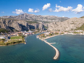 Aerial drone photo of the coastal town of Omis in Croatia.