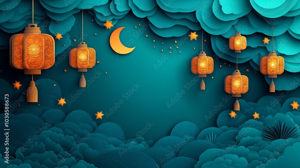 Poster festive paper cut style scene showcasing a cluster of glowing lanterns intertwined with stars and mo