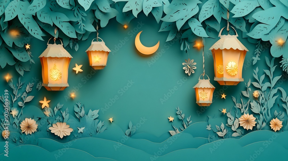 Poster festive paper cut style scene showcasing a cluster of glowing lanterns intertwined with stars and mo