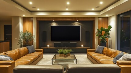 Fototapeta premium Modern living room with leather sofas, a large TV, and decorative plants.