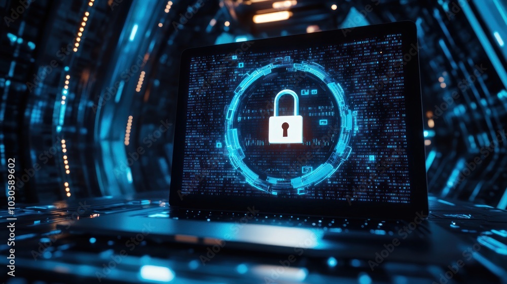 Poster a laptop displaying a digital padlock symbolizing cybersecurity and data protection.