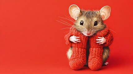 Jolly Rat in Festive Knitwear Against Scarlet Red Background
