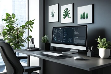 Modern home office setup featuring a sleek computer, greenery, and wall art during daytime in a bright workspace. Generative AI