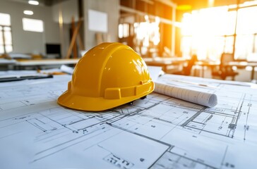Yellow hard hat rests on blueprints in a sunlit construction office during late afternoon