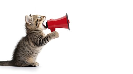 Fototapeta premium Striped kitten holding red megaphone on white background