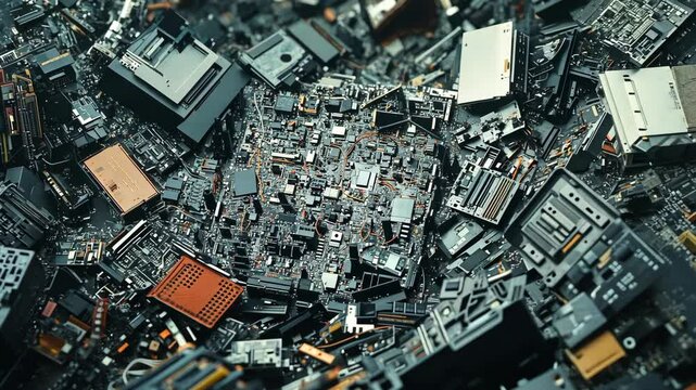 A close-up shot of a pile of discarded computer components, highlighting the intricate circuitry and the discarded nature of outdated technology