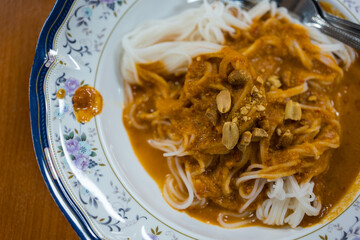 Kanom Jeen Nam Prik. Thai rice noodles with peanut sauce. Top view