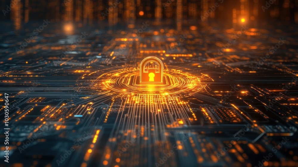 Aufkleber digital representation of cybersecurity with a glowing lock symbol amidst a circuit board design.