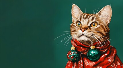 Merry Feline Dressed in Dangling Bauble Earrings Against Emerald Green Backdrop