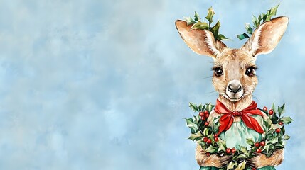 Mischievous Christmas Kangaroo Adorned in Holly Wreath Dress on Icy Blue Background