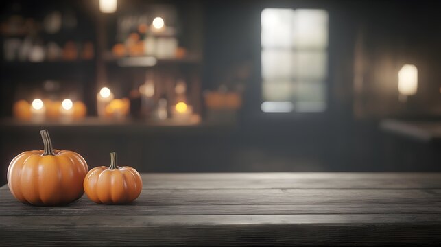 Spooky Halloween Bar Counter with Eerie Lighting and Flickering Candles - Dark Wood Furniture and Pumpkins Create a Haunting Atmosphere