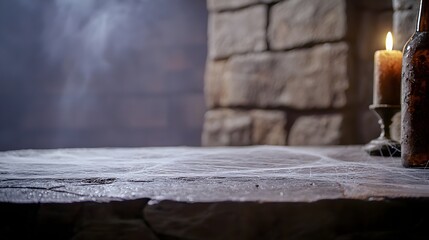 Haunted House-Themed Bar Counter with Eerie Fog and Ghostly Figures - Spooky Atmosphere with Cracked Walls and Cobweb-Covered Bottles