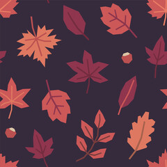 Seamless pattern of autumn maple, oak, other leaves and branches in cutout style on dark background. Simple geometric botanical elements. Fall vector design for textile, wallpaper, wrapping paper.