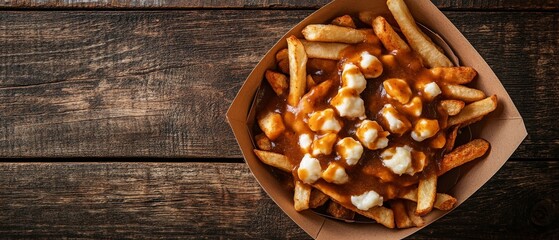 Classic Canadian poutine featuring crispy golden fries topped with rich gravy and melting cheese curds, served in a takeout container on a rustic wooden background