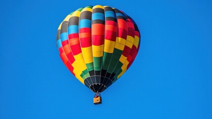 Naklejka premium A vibrant hot air balloon soaring against a clear blue sky.