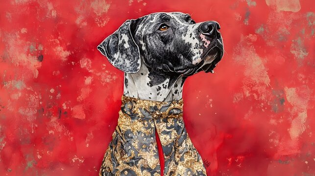 Regal Great Dane Adorned in Shimmering Holiday Dress on Ruby Red Background