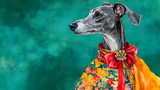 Regal Greyhound in Shimmering Metallic Holiday Party Dress on Emerald Green Backdrop