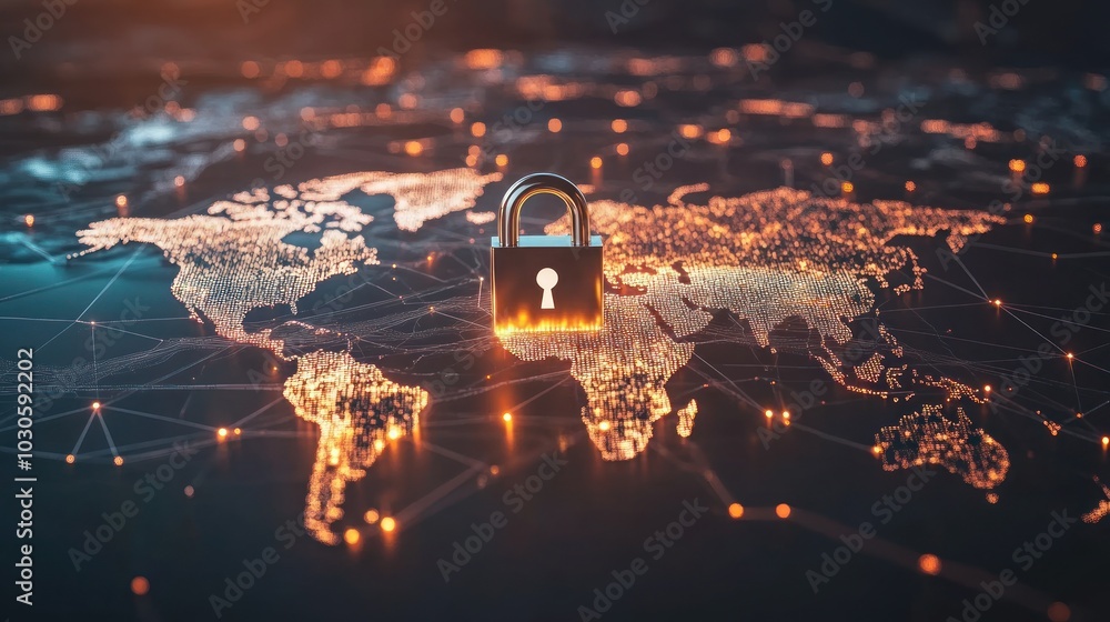 Poster a digital globe with a padlock symbolizing cybersecurity and data protection.