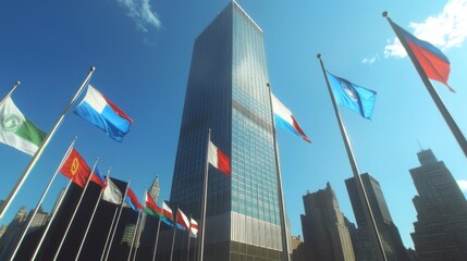 A tall building surrounded by international flags under a clear blue sky.