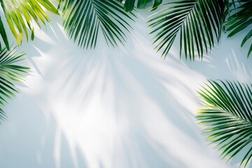 Palm leaf background on concrete texture. Natural shadow overlay. Shadows of leaves in sunlight. Summer vacation concept. Flat lay.