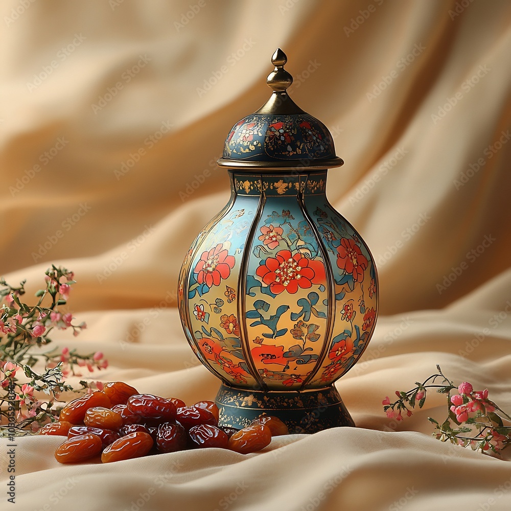 Poster festive ramadan setting featuring a colorful oriental lantern paired with dates arranged beautifully