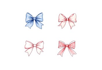 Set of 4th of july coquette bow stars and stripes clipart, Red white blue ribbon watercolor illustration, American girly girl decoration.
