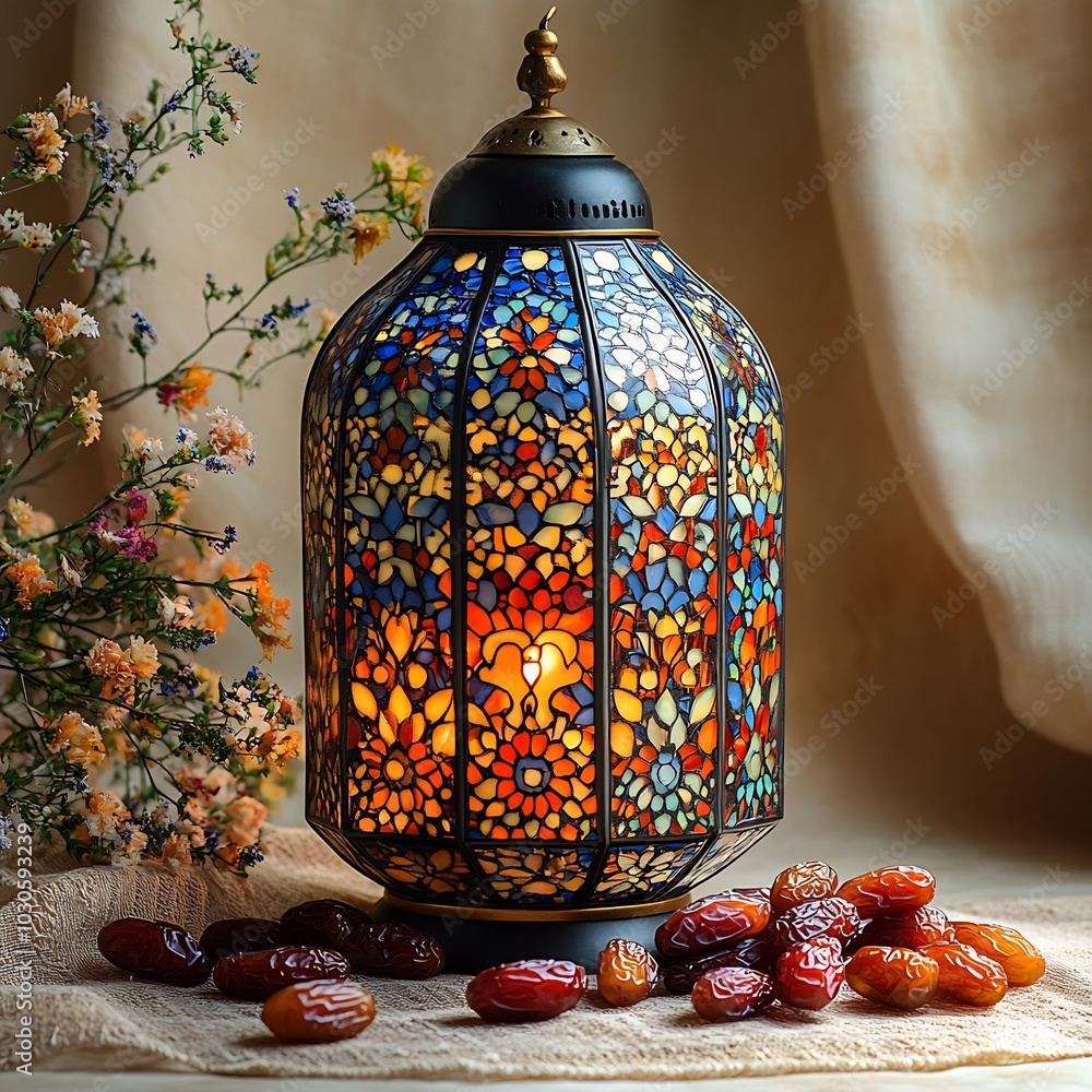 Poster festive ramadan setting featuring a colorful oriental lantern paired with dates arranged beautifully