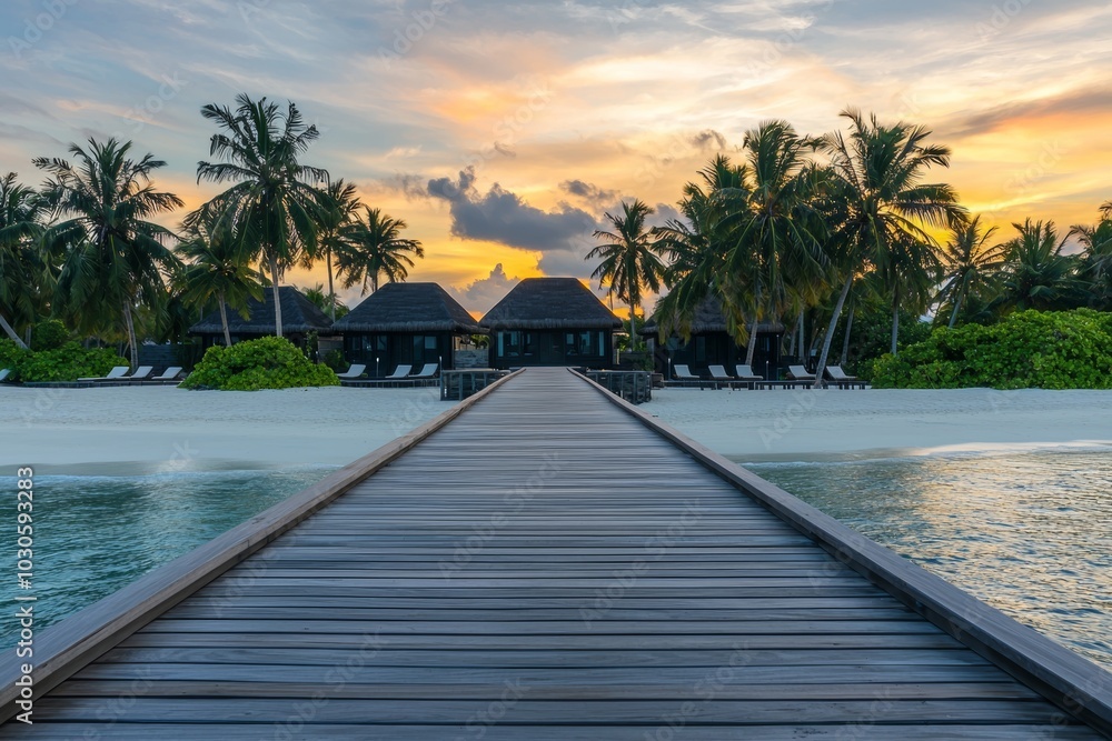Aufkleber sunset panoramic view at maldives. luxury villas seascape with soft led lights under colorful sky. s