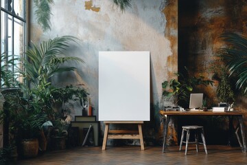 Blank Canvas Mockup with Plants and Rustic Furniture in a Modern Industrial Interior