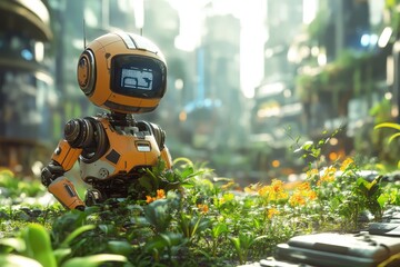 Futuristic Robot in a Garden with Cityscape Background
