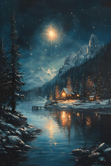 Fototapeta premium A serene winter landscape featuring a glowing star over a tranquil lake, surrounded by mountains and a cozy cabin lit by warm light.