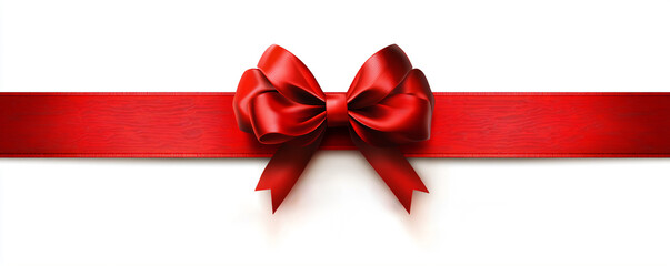 Decorative shiny atlas red ribbon with bow isolated on white background. Red band satin strip for Valentine's, birthday gift. Wrapping for Christmas party, Father's, Women's day gift. Black friday.