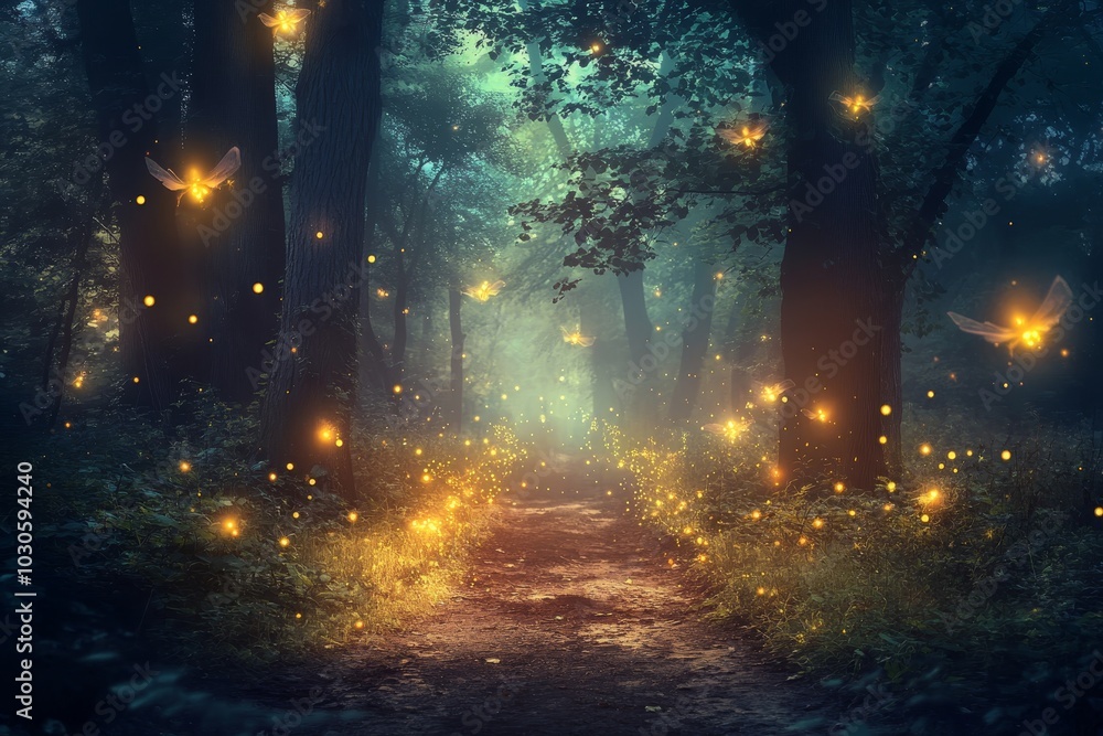 Poster with sparkling pixie dust and enchanting creatures, this magical forest clearing is filled with wond