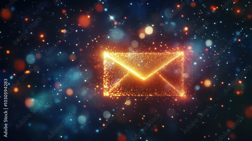 Poster a glowing envelope icon surrounded by colorful sparkles and lights.