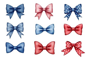 Set of 4th of july coquette bow stars and stripes clipart, Red white blue ribbon watercolor illustration, American girly girl decoration.
