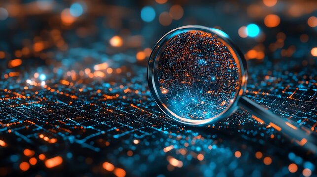 Magnifying glass over digital circuit board