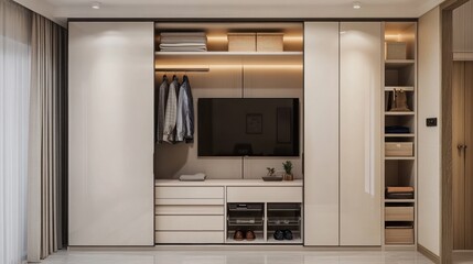 Fototapeta premium Modern living room unit with TV, storage, and decorative elements.