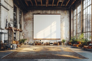 Naklejka premium Industrial Loft Interior with Blank Canvas Mockup Sunbeams and Vintage Rug