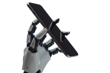Smart Phone in a Robot's Hand Isolated on Transparent or White Background