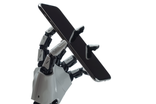 Smart Phone in a Robot's Hand Isolated on Transparent or White Background